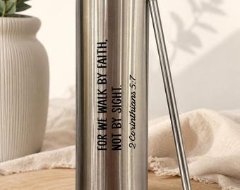 Bicchiere termico in acciaio inox con coperchio e cannuccia, tazza da viaggio, 2 Corinzi 5:7