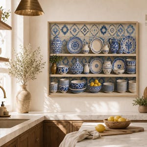 Moroccan Ceramic Wall Art Print | Mediterranean Kitchen Decor | Pottery Shelf Artwork | Digital Download
