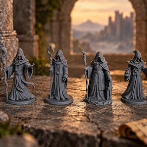 May include: Four grey miniature figurines of robed figures standing in a row. Each figure wears a hooded cloak and holds a tall, ornate staff. The figures are sculpted with detailed fabric folds and accessories, standing on circular bases.