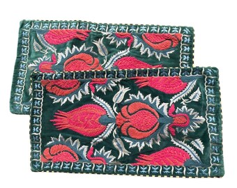 Indian Folk Boho Maximalist Embroidered Velvet Pillow Covers Pair Green 14x26