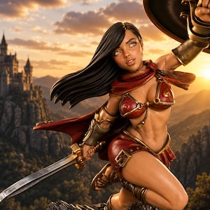 May include: A detailed figurine of a warrior with long dark hair, wearing a red and gold metallic bikini-style armor, a red cape, and arm guards. The figure holds a silver sword in one hand and a round shield in the other, set against a castle.