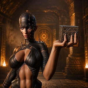 May include: A figure wearing a black leather-like headpiece with gold studs and a matching form-fitting outfit, holding a dark, intricately engraved cube with gold-colored geometric patterns and symbols on its surface in an open palm.