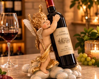 Angel Cherub Wine Bottle Holder, Sculpted Clouds, Gold Accents, Tabletop Decor