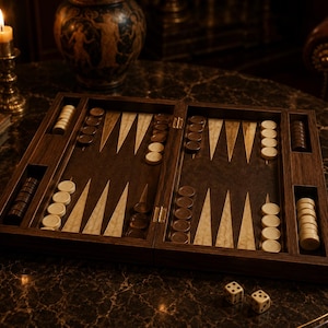 May include: A wooden backgammon set with ivory and brown game pieces. The board is open, revealing the playing surface with alternating light and dark triangles. Two dice are visible on the table. The set is on a dark, patterned surface.