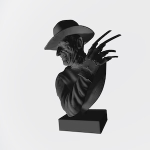 May include: A monochromatic gray bust sculpture depicting a figure wearing a wide-brimmed hat and a textured sweater. The figure has a scarred facial appearance and a glove with long, sharp, blade-like fingers extended upward on the left side.