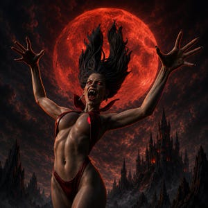 Può includere: Illustrazione digitale di una donna vampiro con lunghi capelli neri, occhi rossi e zanne, sullo sfondo di una luna rosso sangue e un castello gotico. Indossa un abito rosso e ha le braccia alzate.