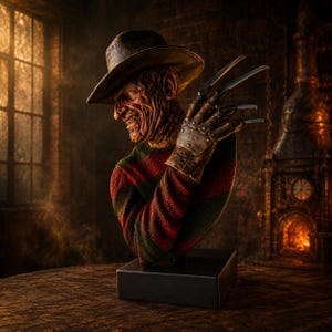 May include: A detailed bust of a character wearing a brown fedora and a red and dark green striped sweater. The figure has a scarred, textured face and a metallic glove featuring four long, sharp blades extending from the fingers, mounted on a base.