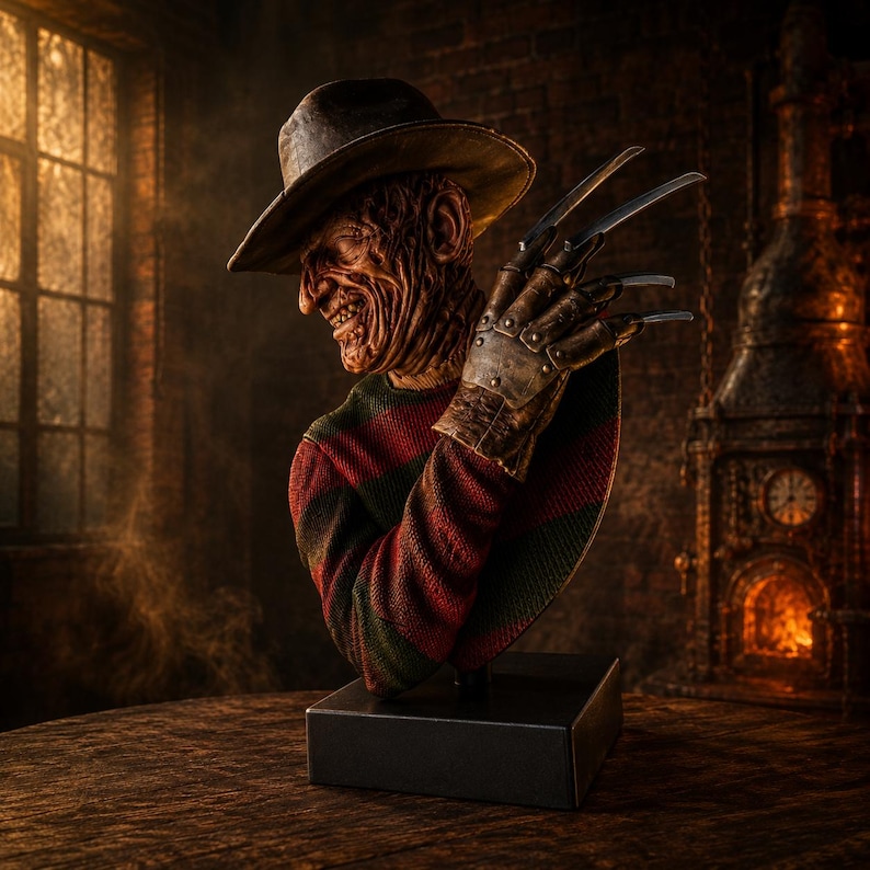 May include: A detailed bust of a character wearing a brown fedora and a red and dark green striped sweater. The figure has a scarred, textured face and a metallic glove featuring four long, sharp blades extending from the fingers, mounted on a base.