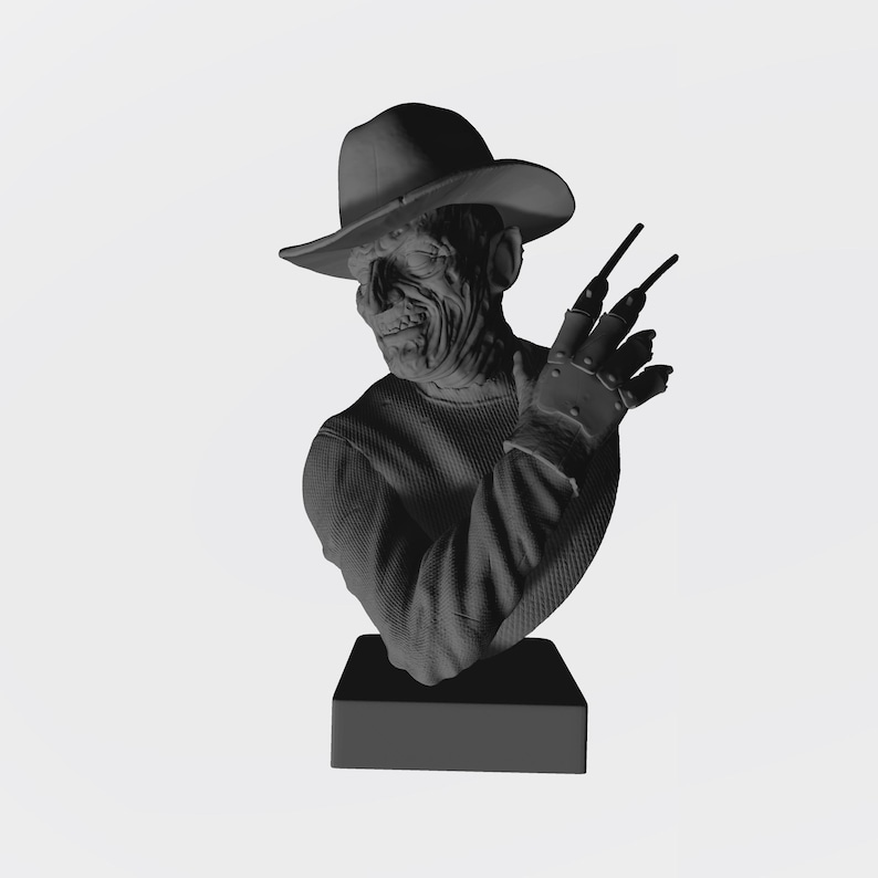 May include: A monochromatic gray bust sculpture of a figure wearing a wide-brimmed fedora hat and a textured long-sleeve sweater. The figure has a scarred facial appearance and a glove with three long, thin, pointed metal blades extending from fingers.