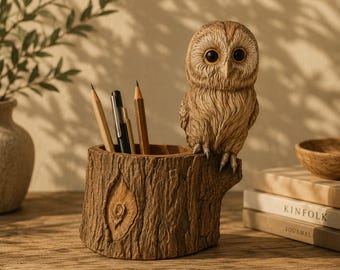Owl Pencil Holder STL, Woodland Desk Organizer, Bird Pen Cup, Forest Animal Desk Decor