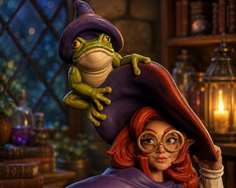 Fantasy Witch Bust STL | Wizard Girl Frog Familiar | Resin 3D Printable Model (Digital Download)