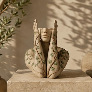 May include: A beige ceramic bust with a human face and hands covering the ears. The bust is adorned with green leafy vines. The top of the head is open, creating a vase-like structure. The sculpture is on a stone surface.
