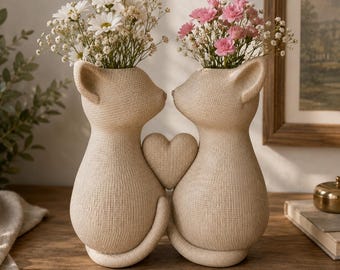 Couple Cat Vase STL Bundle, Heart Design, Cottagecore Animal Decor (Digital Download)