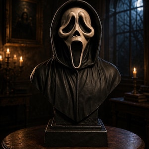 May include: A bust of the Ghostface mask from the Scream horror film franchise. The mask is off-white with a gaping mouth and hollowed eyes, set against a black hooded cloak. The bust sits on a black pedestal and is displayed on a wooden table.