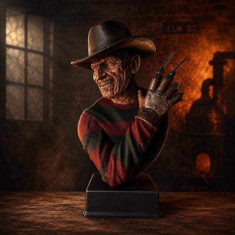 May include: A detailed bust of a character wearing a brown fedora, a red and dark green striped sweater, and a metallic glove with long, sharp blades attached to the fingers. The figure has a scarred, textured face and is mounted on a black base.