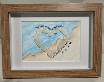 Maui Sea Glass Art: Framed Beach Scene with Quote (5x7 Light Oak Frame)