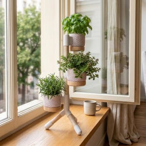 Könnte beinhalten: Ein dreistufiger Pflanzenständer mit drei Kräutertöpfen. Die Töpfe sind weiß mit einem geometrischen Muster und stehen auf Holzsockeln. Der Ständer ist weiß mit Holzbeinen und steht in der Nähe eines Fensters.