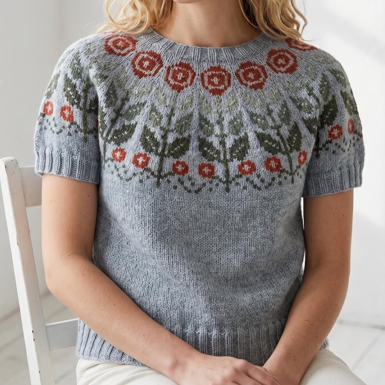 Fair Isle Knit Sweater Pattern, Short Sleeve Floral Colorwork Top, DK ...