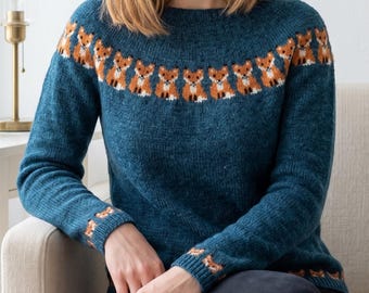 Modelo de suéter Fox Fair Isle em tricô (PDF), pulôver nórdico com pala, suéter feminino de tricô.