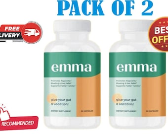 2 PACK Emma Gut Health Supplement, Digestive Support Formula, Bloating Relief, Probiotics & Fiber, Natural Cleanse Capsules