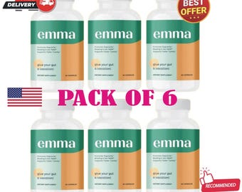 6 PACK Emma Gut Health Supplement, Digestive Support Formula, Bloating Relief, Probiotics & Fiber, Natural Cleanse Capsules