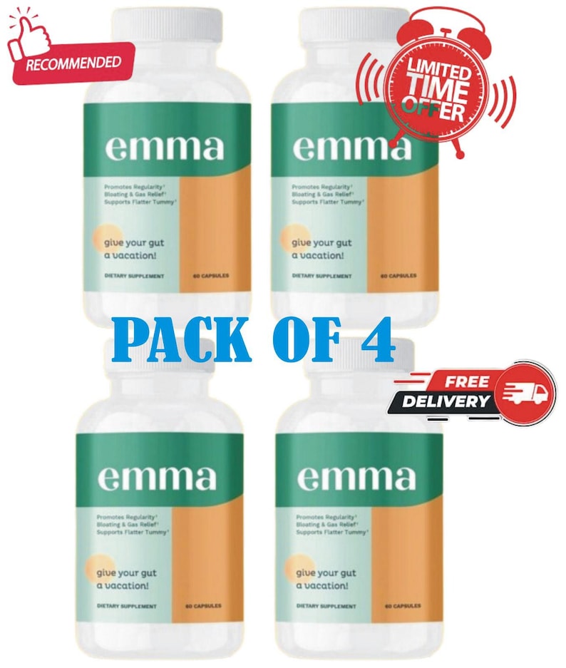 4 PACK Emma Gut Health Supplement, Digestive Support Formula, Bloating Relief, Probiotics & Fiber, Natural Cleanse Capsules bild 1
