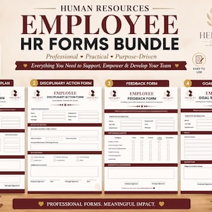 May include: A digital HR forms bundle featuring four distinct templates: Employee Development Plan, Disciplinary Action Form, Feedback Form, and Goal Setting Form. The documents are white with dark red headers and text, designed for US letter size.