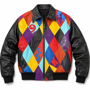 May include: A leather jacket featuring a front panel with a multicolored diamond pattern in red, yellow, blue, and purple, accented by abstract shapes. The jacket includes solid black leather sleeves, a black collar, and black ribbed cuffs and hem.