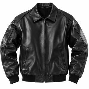 May include: A black leather jacket featuring a classic fold-down collar, a full-length front zipper closure, and two vertical slit pockets. The garment includes ribbed knit cuffs and a matching ribbed knit hem, providing a structured fit.