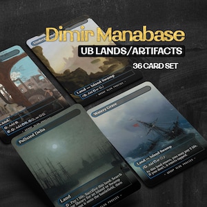 May include: A 36-card set of Dimir Manabase UB lands and artifacts for a trading card game. The cards feature dark, atmospheric illustrations including a ship at sea, rocky landscapes, and ruins. Text on cards includes Watery Grave and Polluted Delta.