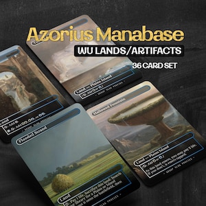 May include: A 36-card set of Azorius Manabase game cards featuring WU Lands and Artifacts. The cards display various landscape illustrations, including a fountain and a field, with text labels such as Plains Island, Hallowed Fountain, and Flooded Strand.