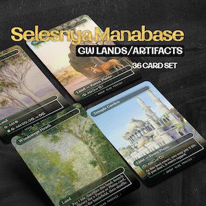 May include: A 36-card set of Selesnya Manabase GW lands and artifacts for a trading card game. The cards feature illustrations of a deer in a forest, a large tree, a lush landscape, and a temple garden with the text Forest Plains and Temple Garden.