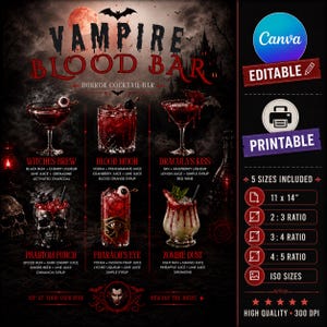 May include: A digital menu titled VAMPIRE BLOOD BAR featuring six horror-themed cocktails with ingredients listed below each. The design includes dark imagery, skulls, and bats. The right side displays editable and printable specifications with five sizes included in inches.