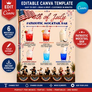 Puede incluir: Una plantilla de Canva editable para un menú de barra de cócteles sin alcohol patrióticos del 4 de julio. El diseño incluye seis ilustraciones de bebidas con nombres e ingredientes, una bandera de EE. UU. y una escena de bar. Texto: 4th of July, Patriotic Mocktail Bar.