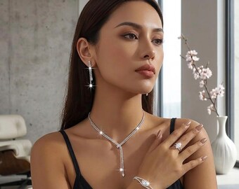 MESLUXURY Diamond Necklace and Earring Set - Elegant Design