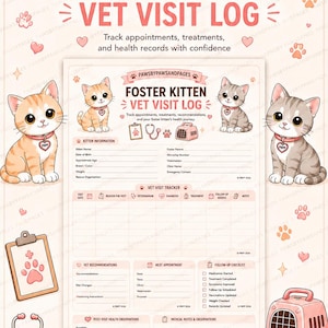 Könnte beinhalten: Ein druckbares Foster Kitten Vet Visit Log Dokument mit hellrosa Hintergrund, verziert mit Illustrationen von Kätzchen, einem Stethoskop, einem Klemmbrett und einer Transportbox. Der Text enthält Abschnitte für Kätzcheninformationen, Tierarztbesuche und medizinische Notizen.