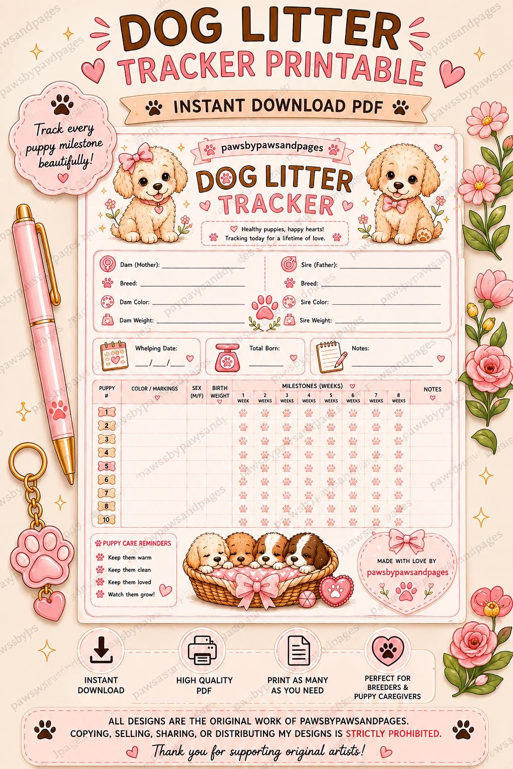 Litter Sheet.pdf Dog Litter Tracker Printable | Whelping Record Sheet PDF - Etsy