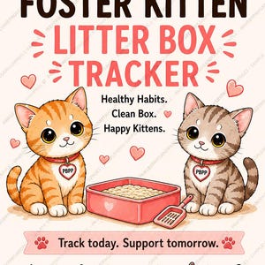 Peut inclure: Un tableau de suivi de litière pour chatons avec deux chatons dessinés, un bac à litière rose et une pelle. Le texte indique : PAWSBYPAWSANDPAGES, PBPP, FOSTER KITTEN LITTER BOX TRACKER, Healthy Habits. Clean Box. Happy Kittens., Track today. Support tomorrow.