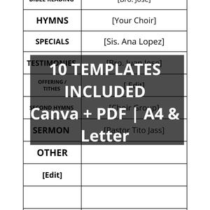 May include: A white church service order template with a black border. The template includes sections for Bible readings, hymns, specials, testimonies, offering, second hymns, and the sermon. Text on the template includes "10 Templates Included" and "Canva + PDF | A4 & Letter."