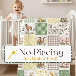 Farm Animals Fabric, No Piecing Patchwork Quilt Top, Baby Quilt Panel, Nursery Fabric by the Yard, Farm Animal Beginner Quilt Pattern