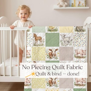 May include: A patchwork quilt featuring a repeating grid of farm animals including a foal, a goat, and piglets, interspersed with green and yellow gingham, polka dot, and leaf patterns. The text reads: No Piecing Quilt Fabric Quilt & bind – done!