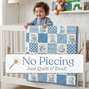 May include: A blue and white patchwork quilt featuring illustrations of woodland animals like squirrels, deer, and mice in winter attire. The quilt has a repeating pattern of plaid, polka dots, and snowflakes. Text reads: No Piecing Just Quilt & Bind!