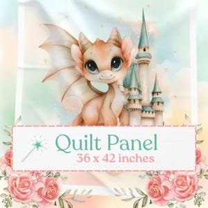 Puede incluir: Un panel de tela para colcha de 91,44 x 106,68 cm con un dragón de color naranja claro con ojos grandes y alas junto a una torre de castillo. El fondo es un cielo de colores pastel con pequeñas estrellas doradas y rosas rosadas.