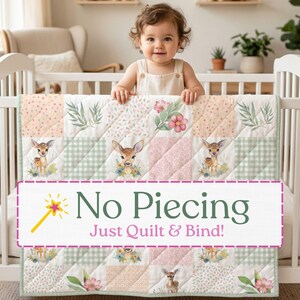 No Piecing Quilt Fabric Baby Girl Woodland Deer Fabric by Yard Wholecloth Beginner Friendly Quilt Nursery Fabric Faux Patchwork | FAWN3759
