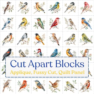 Puede incluir: Un panel de tela para colcha con una cuadrícula de varias ilustraciones de aves coloridas posadas en ramas. El centro incluye un recuadro con el texto azul Cut Apart Blocks y el texto amarillo Applique, Fussy Cut, Quilt Panel.
