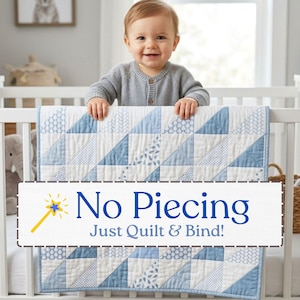 Baby Boy Cheater Quilt Fabric by the Yard, No Piecing HST Quilt Top Blue Patchwork Nursery Quilt Fabric, Beginner Friendly Quilting Cotton