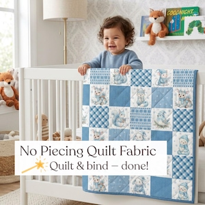 May include: A blue and white patchwork quilt featuring illustrations of woodland animals wearing winter hats and scarves, interspersed with plaid and polka dot squares. The text "No Piecing Quilt Fabric Quilt & bind – done!" is overlaid on the quilt.