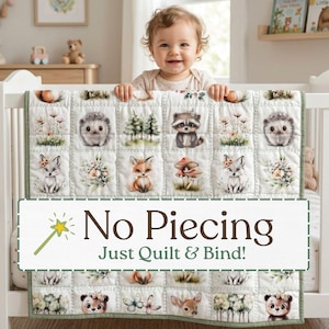 Woodland Animal Quilting Fabric, No Piecing Quilt Top, Baby Fabric by the Yard, Woodland Nursery Fabric Cotton Beginner Cheater Quilt Panel