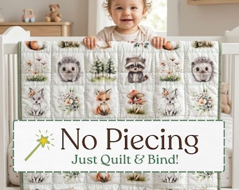 Woodland Animal Quilting Fabric, No Piecing Quilt Top, Baby Fabric by the Yard, Woodland Nursery Fabric Cotton Beginner Cheater Quilt Panel