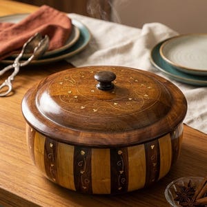 May include: A wooden serving bowl with a lid, featuring a dark brown finish with inlaid gold accents. The bowl has a striped pattern with light and dark wood. Steam rises from the bowl, suggesting it contains hot food. A small glass bowl with spices is in the foreground.
